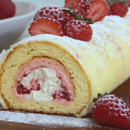 Biskuitrolle mit Erdbeerfüllung