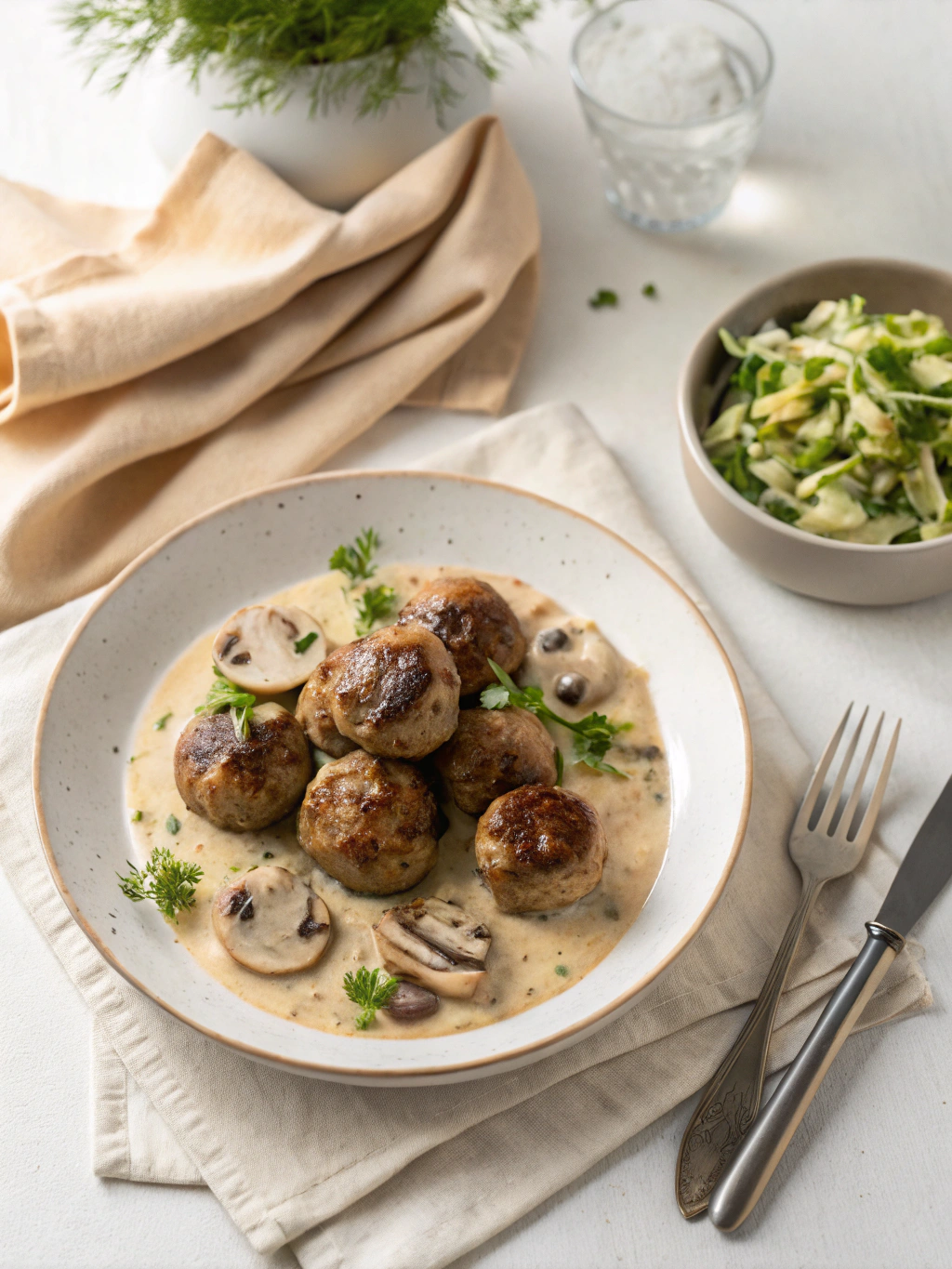 Hackbällchen Champignon-Rahmsauce serving suggestion
