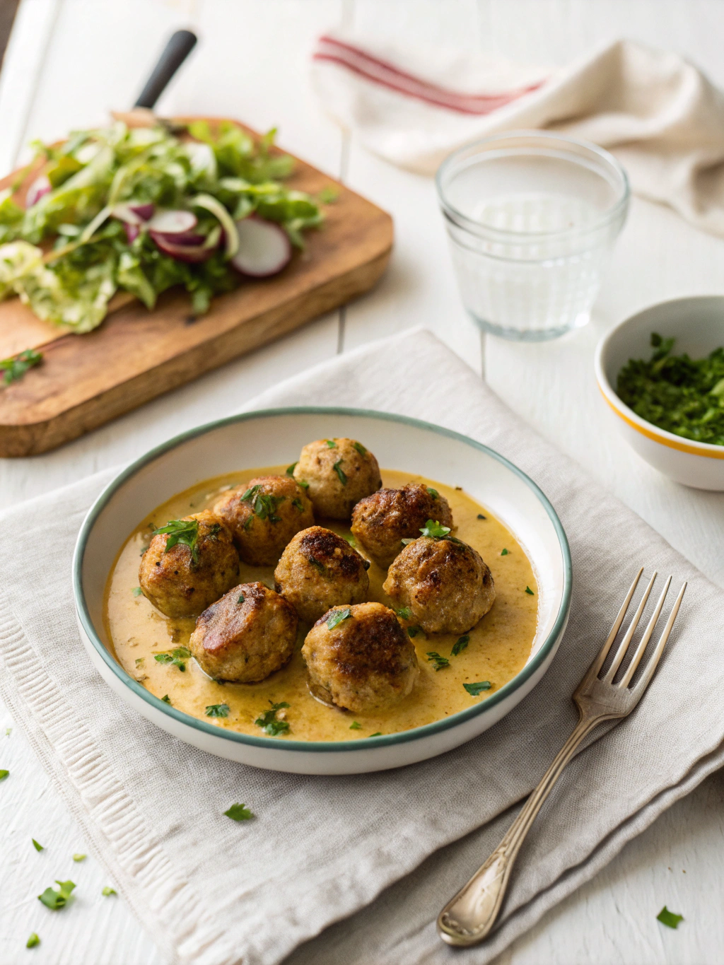 Hackbällchen in Senfsauce serving suggestion